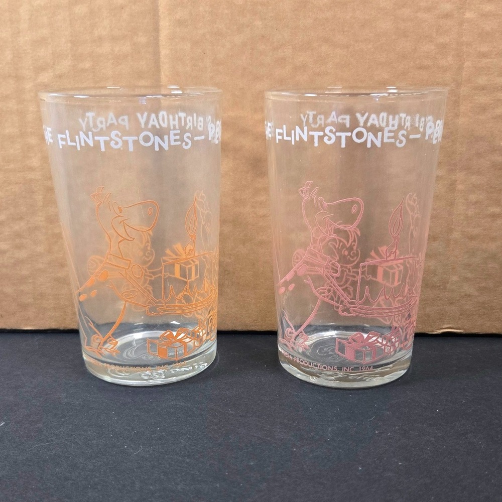 Vintage 1971 Flintstones Pebbles Birthday Party‎ Drinking Glasses Set of 2 Dino